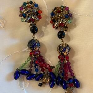 Vintage earrings clip multicolor crystals jet onyx & lapis  Shoulder dusters